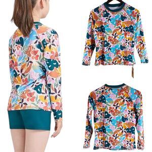 NWT Girls Kid 1234 Swim Shirt 13-14yr Long Sleeve L-XL Rashguard Floral UPF 50